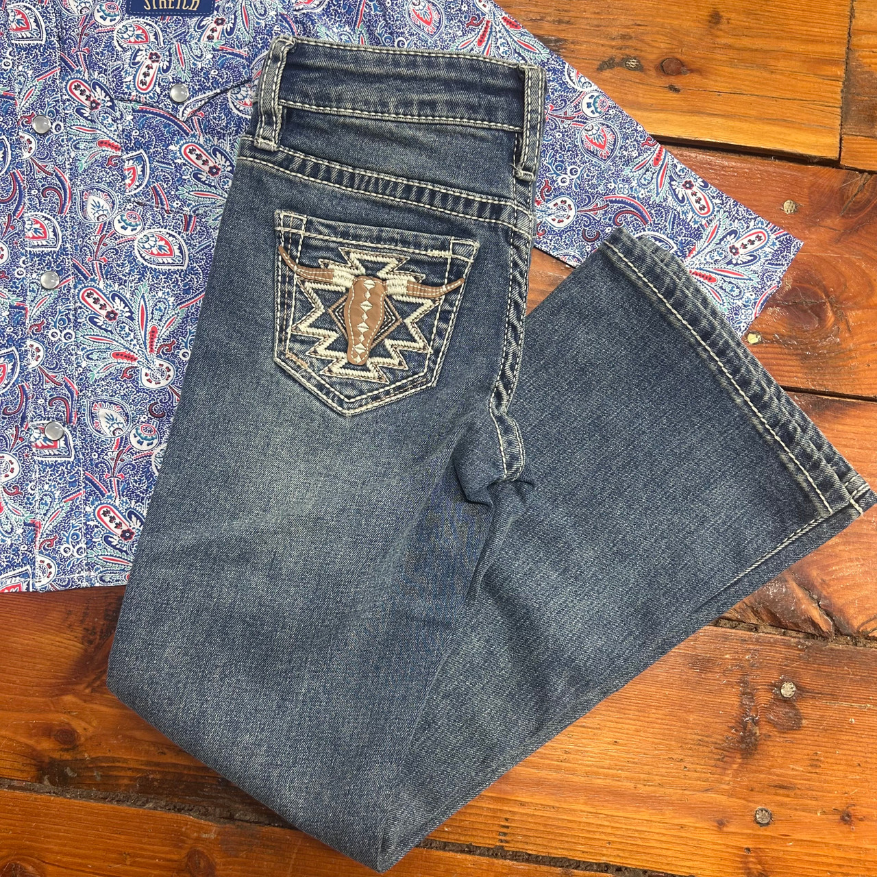 Rock & Roll Girl's Steer Embroidered Bootcut Jeans - Stockyard Style